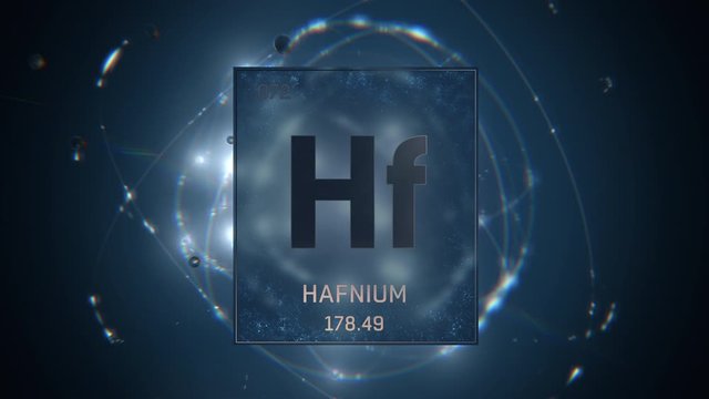 Hafnium as Element 72 of the Periodic Table. Seamlessly looping 3D animation on blue illuminated atom design background with orbiting electrons. Design shows name, atomic weight and element number
