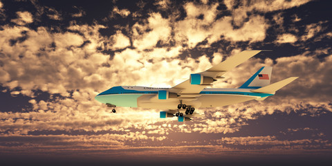 Fototapeta na wymiar airplane in sunset sky, 3d rendering