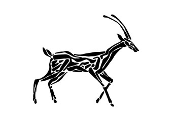 Antelope animal decorative vector illustration painted by ink, hand drawn grunge cave painting, black isolated silhouette on white background