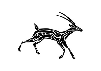 Gazelle animal decorative vector illustration painted by ink, hand drawn grunge cave painting, black isolated running silhouette on white background