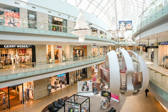 Modern shopping center Europa interior with luxury brand shops, no people on January 28, 2019 in Vilnius, Lithuania