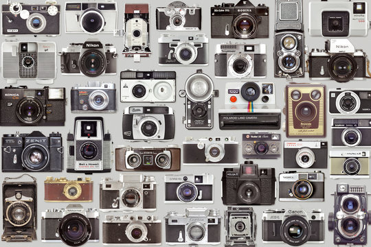 Flat lay picture of old vintage photo cameras collection, retro analog camera set on June 09, 2019 in Vilnius, Lithuania