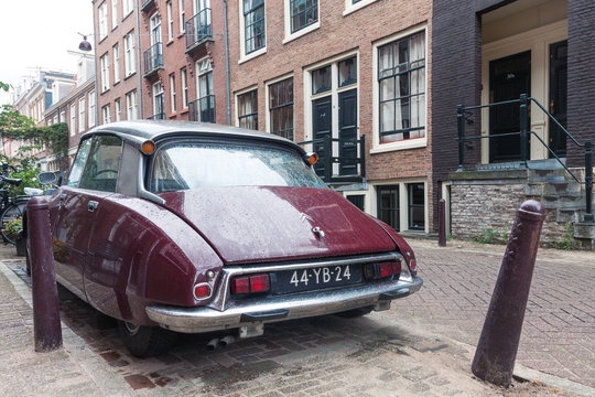 Retro Vintage French Citroen Car From Behind Parked On The Street On 23 August, 2018 In Amsterdam, Netherlands 