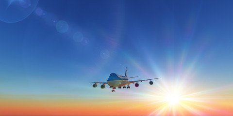 Obraz na płótnie Canvas airplane in sunset sky, 3d rendering