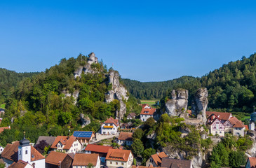 Fototapeta na wymiar Aerial view of the Tuechersfeld village, a symbol of Franconian Switzerland in Germany