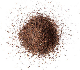 Pile of black dry tea on white background, flat lay.
