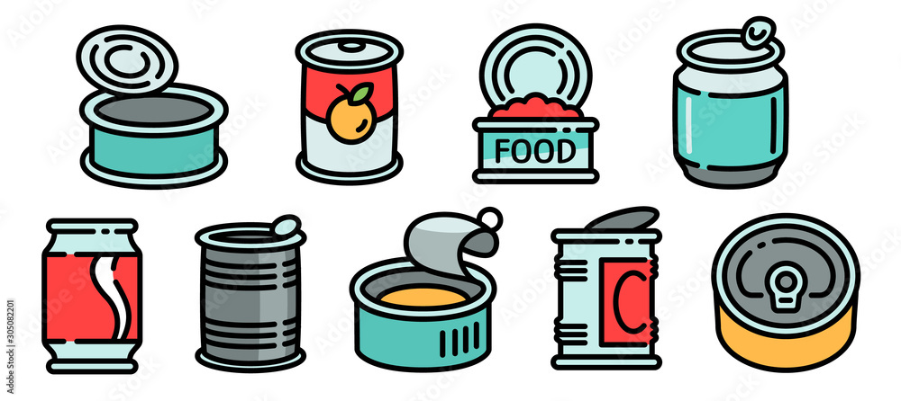 Poster tin can icons set. outline set of tin can vector icons for web design isolated on white background