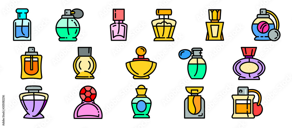 Poster fragrance bottles icons set. outline set of fragrance bottles vector icons for web design isolated o