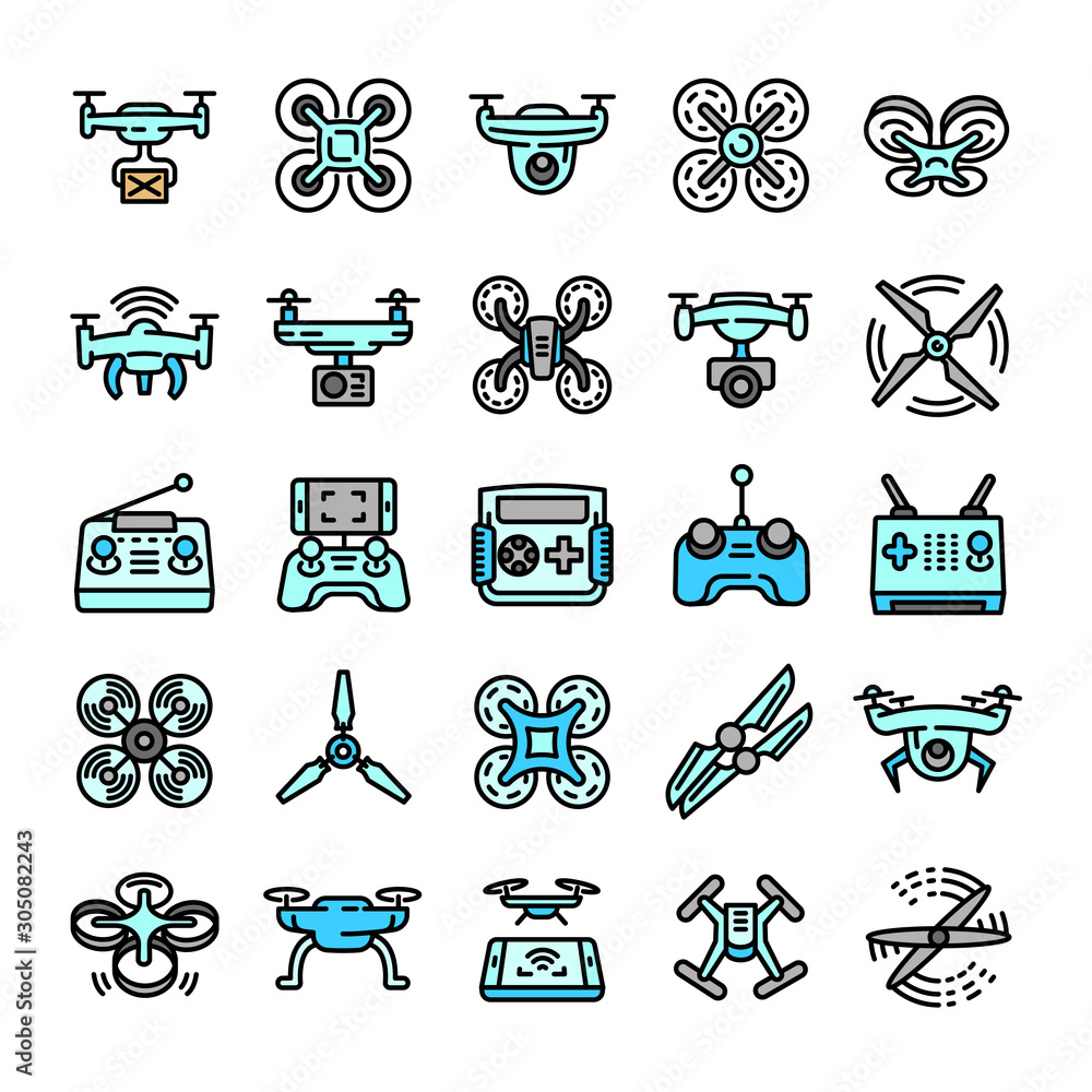 Poster drone icons set. outline set of drone vector icons for web design isolated on white background