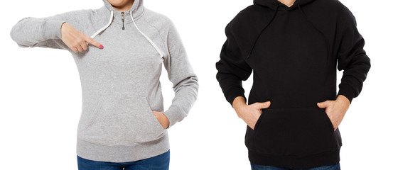 Woman and man in hoodie mock up isolated on white background copy space template. Empty sweatshirt...