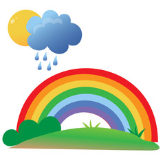 Color images of cartoon sun with clouds, rain and rainbow on white background. Outdoors games. Vector illustration set.