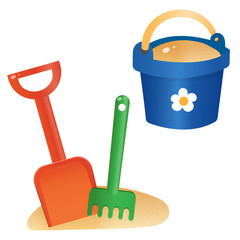 Color images of children's toy shovel with bucket on white background. Outdoors games in sandbox. Vector illustration set.
