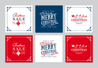 Merry Christmas square cards set with hand drawn elements. Doodles and sketches vector Christmas illustrations.