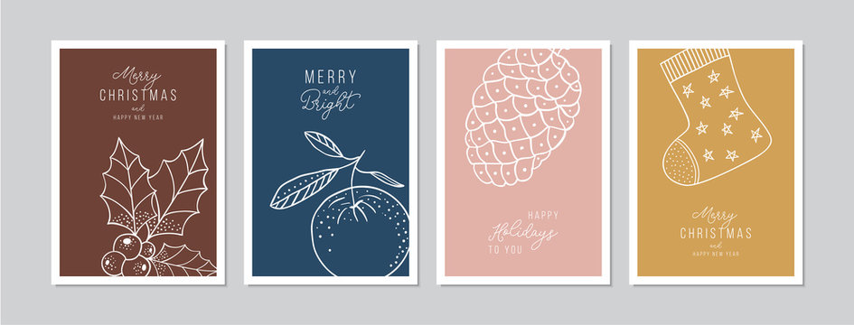 Merry Christmas cards set with hand drawn elements. Doodles and sketches vector Christmas illustrations, DIN A6