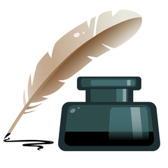 Color image of inkwell with feather pen on white background. Vector illustration.