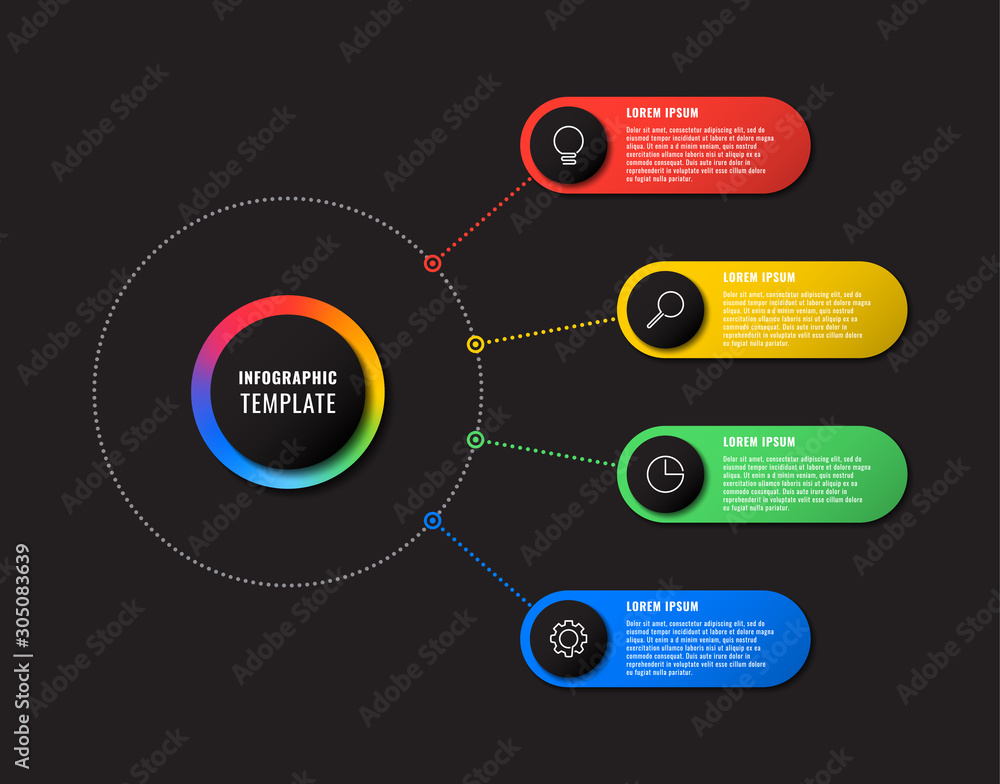Aufkleber infographic template with four round elements on black background. modern business process visualisa