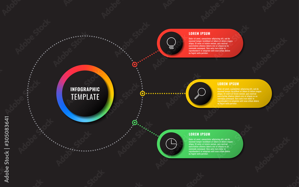 Aufkleber infographic template with three round elements on black background. modern business process visualis