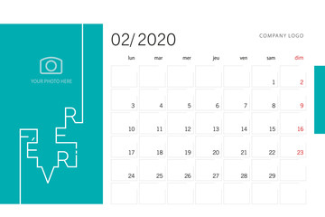 Calendar planner template for 2020 year French language February with modern line design typography font light sea green background