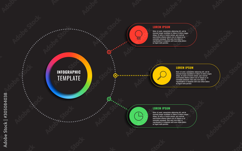 Aufkleber infographic template with three round elements on black background. modern business process visualis