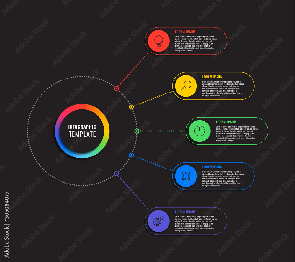 Aufkleber infographic template with five round elements on black background. modern business process visualisa