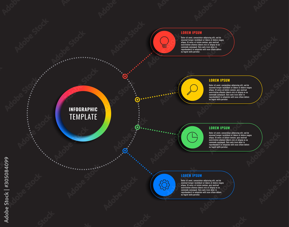 Aufkleber infographic template with four round elements on black background. modern business process visualisa