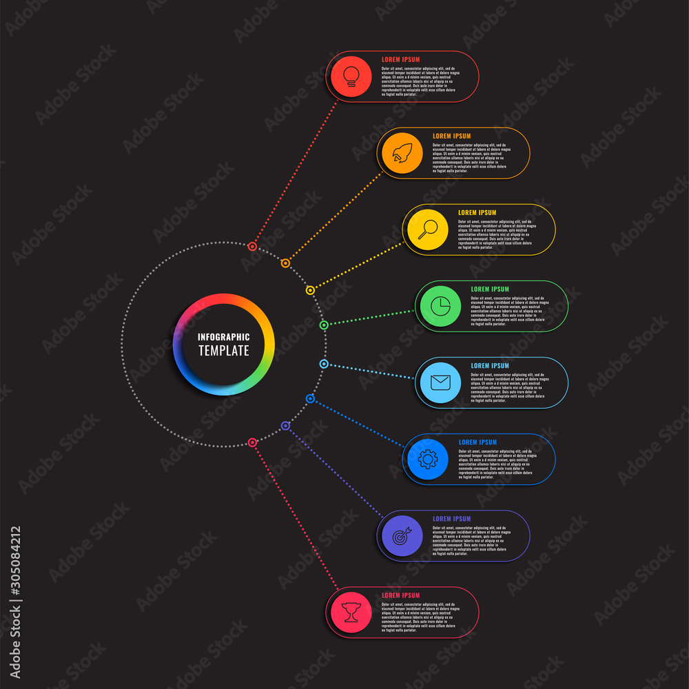 Aufkleber infographic template with eight round elements on black background. modern business process visualis