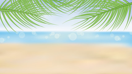 Fototapeta na wymiar Summer beach and palm trees on the tropical sea background, vector illustration