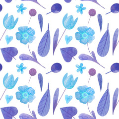 seamless pattern with cute watercolor illustration of stylized flowers.