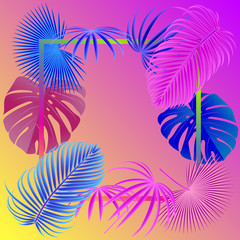 Fototapeta na wymiar Palm leaves are pink, lilac, blue. Frame with gradient, on a colorful background. Space for text. Advertising banner. Vector illustration