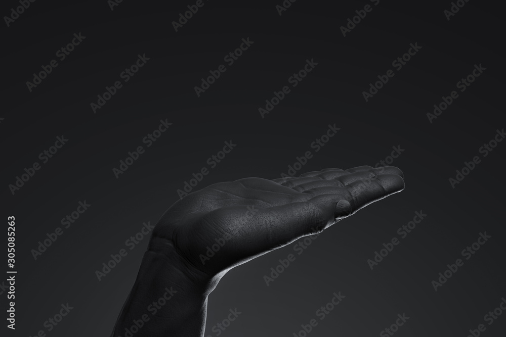 Poster realistic human hand with empty space as showcase isolated on black background. 3d rendering