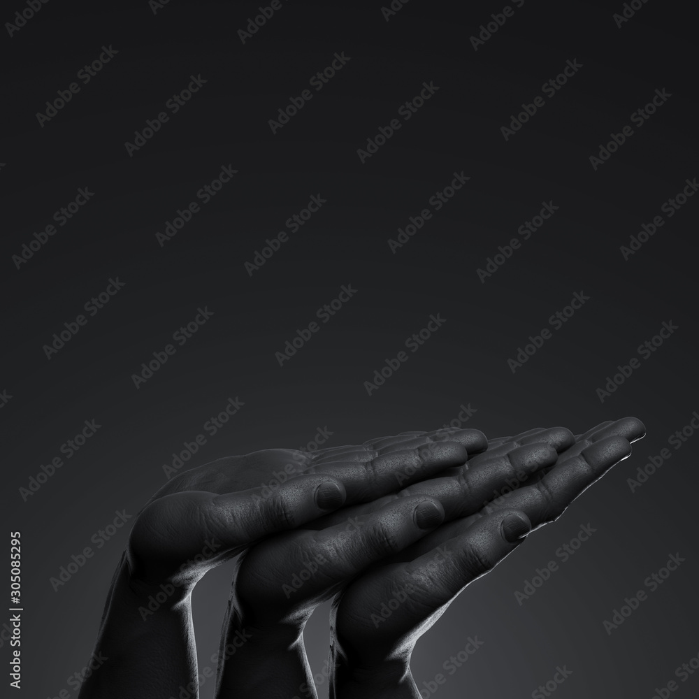 Poster realistic black human hands with empty space as showcase isolated on black background. 3d rendering