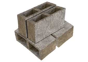 Set Gray block of concrete and cement isolated over white background. Cinder Brick used in the...