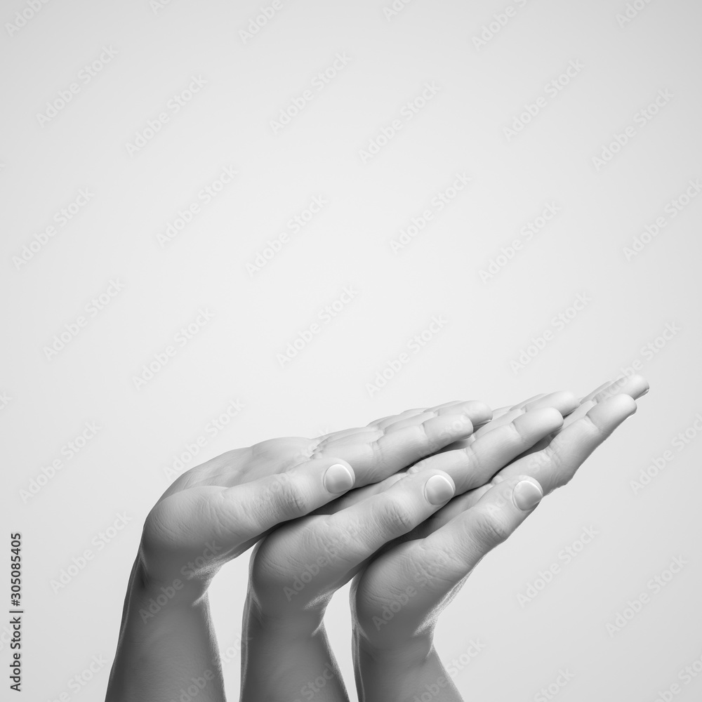 Poster realistic white human hands with empty space as showcase isolated on white background. 3d rendering