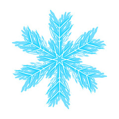 Snowflake flat vector illustration. Blue hand drawn snow flake isolated on white background. Cartoon decorative winter symbol. Beautiful ice crystal.