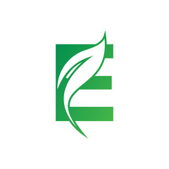 Natural Letter E Modern Alphabet Green Logo Vector With Leaf. Organic Leaf Letter E Green Logo.