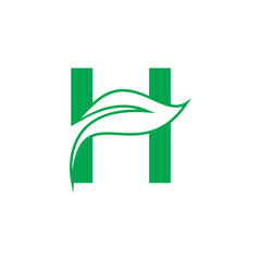 Natural Letter H Modern Alphabet Green Logo Vector With Leaf. Organic Leaf Letter H Green Logo.