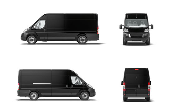 Modern black delivery truck van on white background. 3d rendering. Side view.