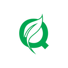Natural Letter Q Modern Alphabet Green Logo Vector With Leaf. Organic Leaf Letter Q Green Logo.