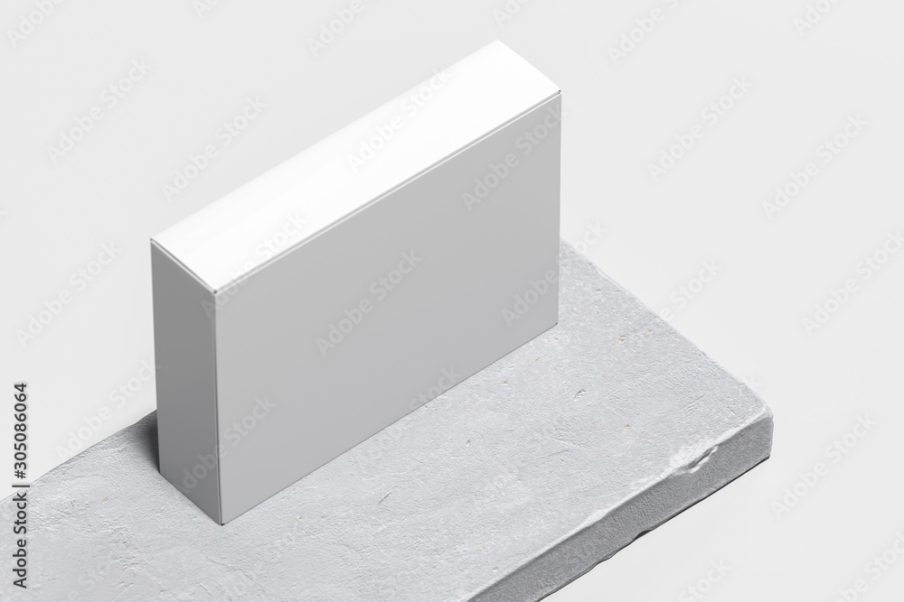 Poster close up of white blank cardboard box on concrete pedestal, showcase. 3d rendering. empty space. cop