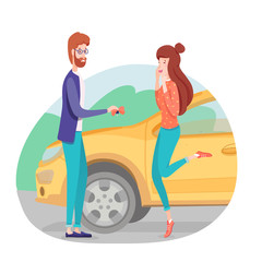 Plakat Bearded man giving happy girl car keys cartoon