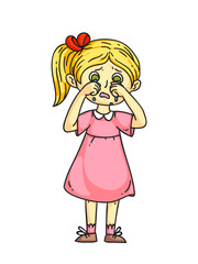 Girl kid crying after quarrel flat cartoon. Sad, offended children. Childhood. Emotions and expressions. Vector illustration.
