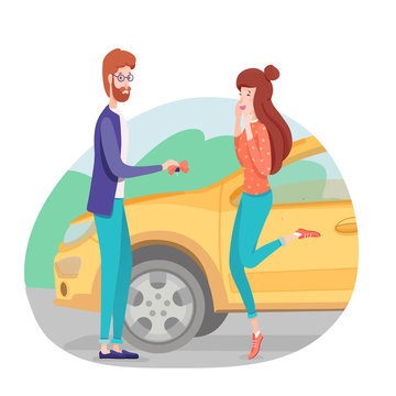Bearded man giving happy girl car keys cartoon