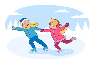 Little girl and boy skating vector illustration. Cheerful children in warm clothes cartoon characters. Happy childhood, outdoor leisure. Winter holidays, Smiling kids on ice rink, active recreation.