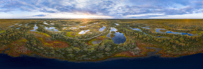 Sunrise in the bog landscape. Misty marsh, lakes nature environment background