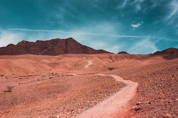 Mars surface alien planet dry rocky stone landscape with lonely curved dirt trail and mountain ridge background 