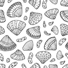 Shells seamless pattern. Hand drawn coloring page. Stock vector illustration.
