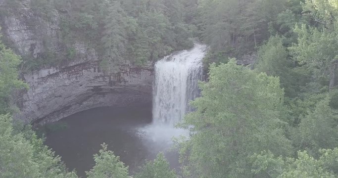 Ungraded, flat profile drone shot flying behind some trees and revealing a gushing Greeter Falls found in Altamont, Tennessee.