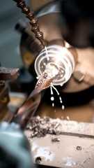 Old metal lathe machine, retro machine background.