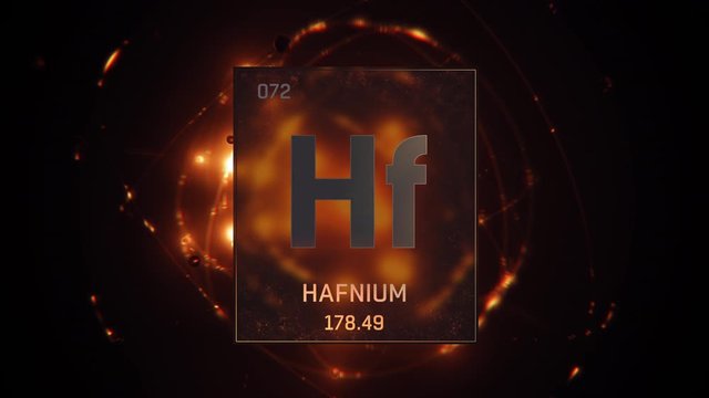 Hafnium as Element 72 of the Periodic Table. Seamlessly looping 3D animation on orange illuminated atom design background with orbiting electrons. Design shows name, atomic weight and element number