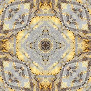 Geometric ornament made of layered limestone, filled by yellow. The multiaxial self-reflected texture designed like a ceramic tile No.6y